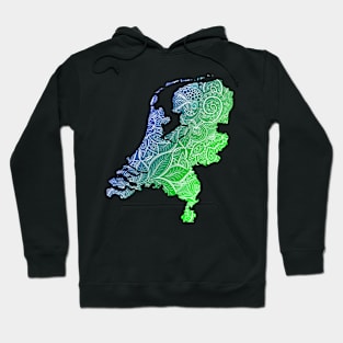 Colorful mandala art map of Netherlands with text in blue and green Hoodie